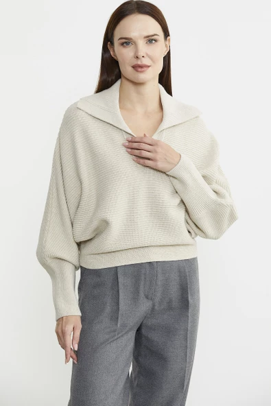 Yarasa Kol Polo Yaka Yünlü Triko Kazak - Taş - Resim 2