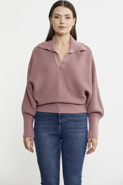 Yarasa Kol Polo Yaka Yünlü Triko Kazak - Gül - 2