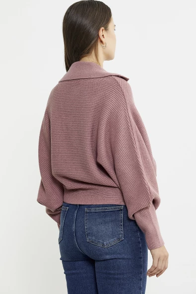 Yarasa Kol Polo Yaka Yünlü Triko Kazak - Gül - 5
