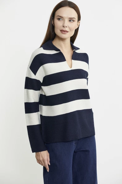 Açık Polo Yaka Çizgili Yünlü Triko Kazak - Lacivert - Resim 3