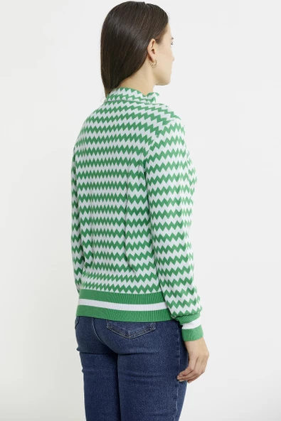 Çift Renk Kazayağı Desenli Triko Kazak - Yeşil - Resim 5