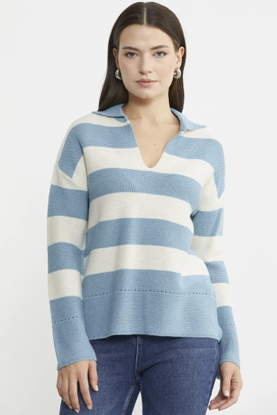 Açık Polo Yaka Çizgili Yünlü Triko Kazak - Mavi