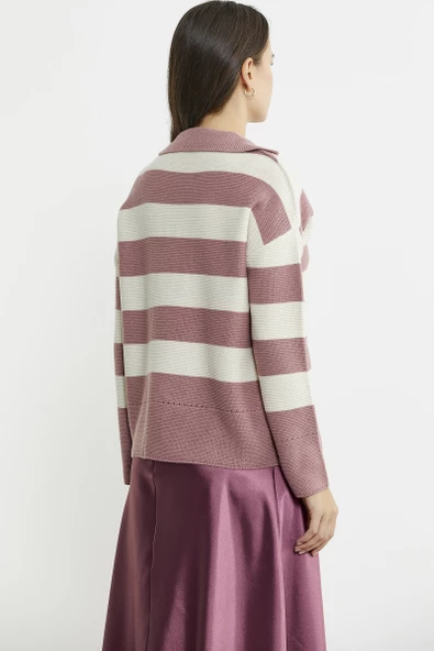 Açık Polo Yaka Çizgili Yünlü Triko Kazak - Gül - 5