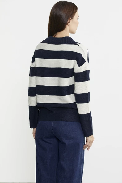 Açık Polo Yaka Çizgili Yünlü Triko Kazak - Lacivert - Resim 6