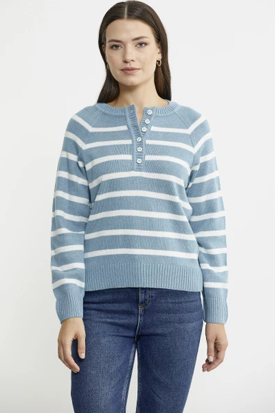 Yaka Düğmeli Çizgili Yünlü Triko Kazak - Mavi ürün görseli