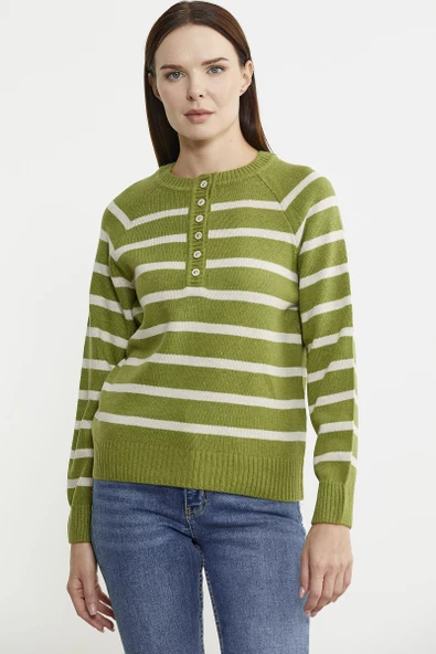 Yaka Düğmeli Çizgili Yünlü Triko Kazak - Yeşil - 2