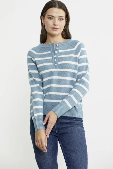 Yaka Düğmeli Çizgili Yünlü Triko Kazak - Mavi - Resim 5