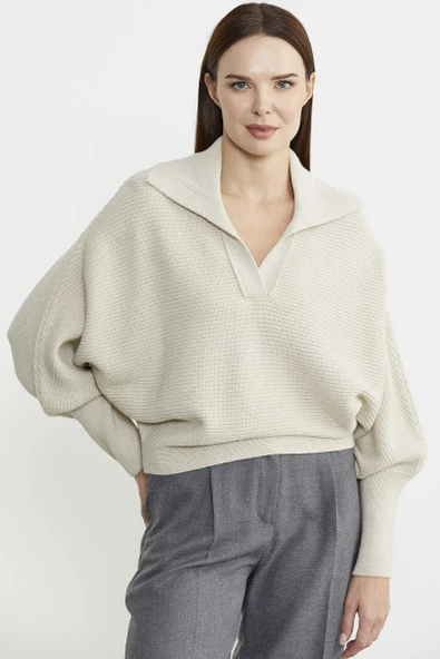 Yarasa Kol Polo Yaka Yünlü Triko Kazak - Taş ürün görseli