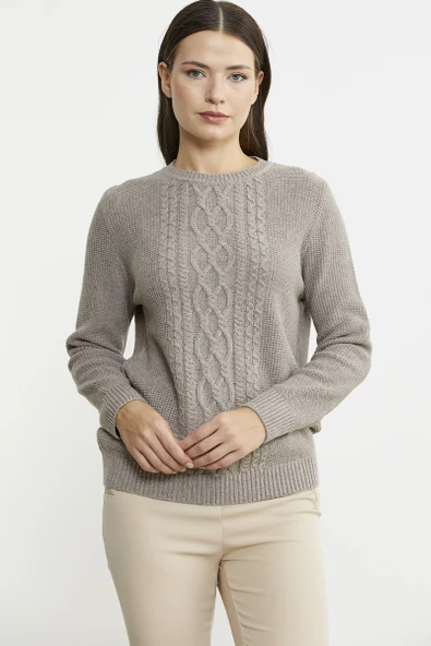 Sıfır Yaka Regular Fit Yünlü Triko Kazak - Vizon - Resim 2