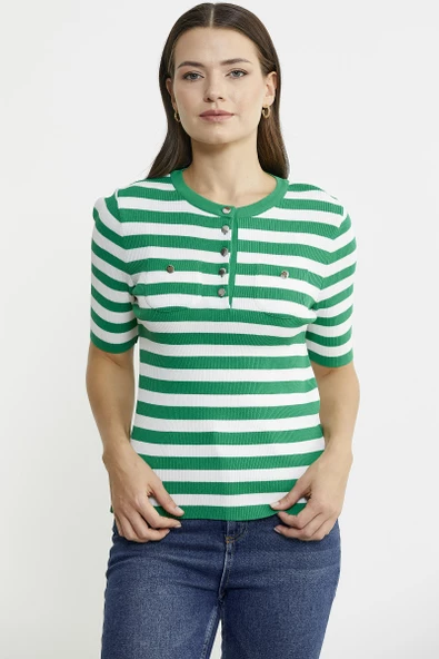 Düğme Detaylı Çizgili Triko Kazak - Yeşil - 3