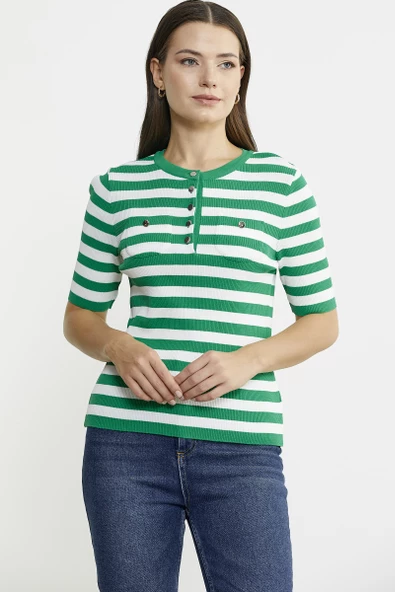 Düğme Detaylı Çizgili Triko Kazak - Yeşil - 2