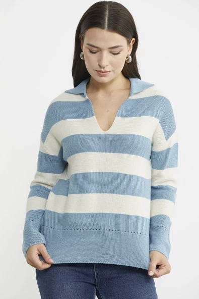 Açık Polo Yaka Çizgili Yünlü Triko Kazak - Mavi - 4