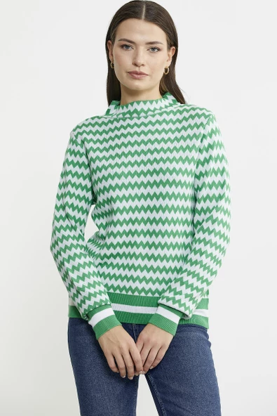 Çift Renk Kazayağı Desenli Triko Kazak - Yeşil - Resim 3