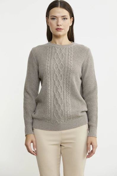 Sıfır Yaka Regular Fit Yünlü Triko Kazak - Vizon ürün görseli 1