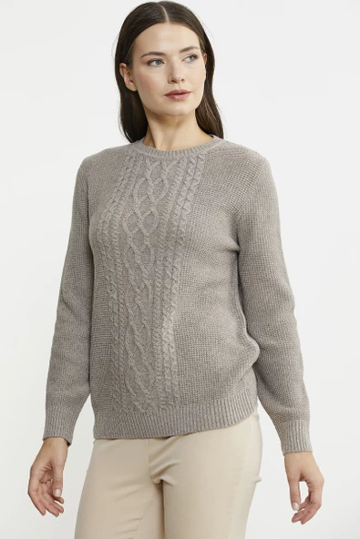 Sıfır Yaka Regular Fit Yünlü Triko Kazak - Vizon - Resim 5