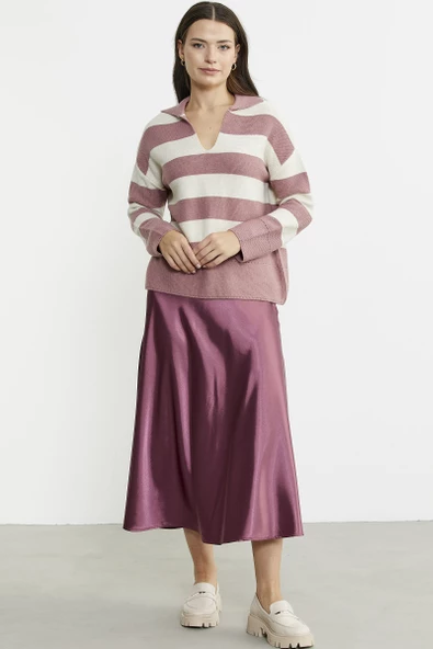 Açık Polo Yaka Çizgili Yünlü Triko Kazak - Gül - 2