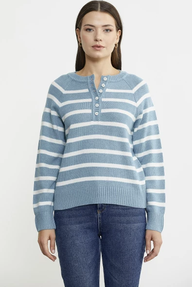 Yaka Düğmeli Çizgili Yünlü Triko Kazak - Mavi - Resim 3