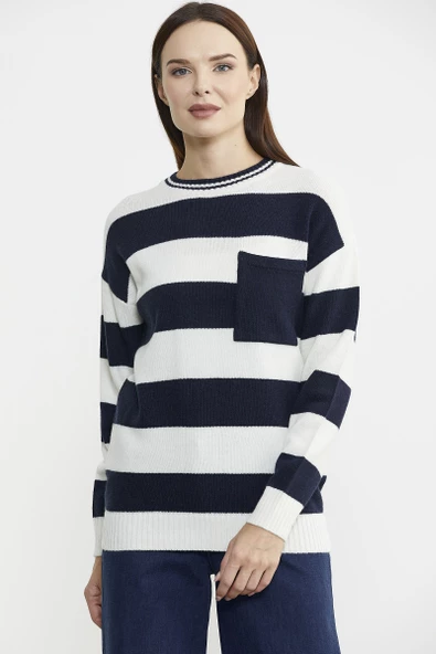 Cep Detaylı Çizgili Yünlü Triko Kazak - Kemik - Resim 2