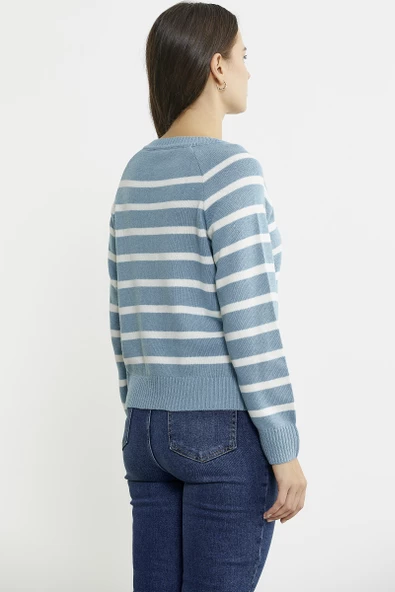Yaka Düğmeli Çizgili Yünlü Triko Kazak - Mavi - Resim 6