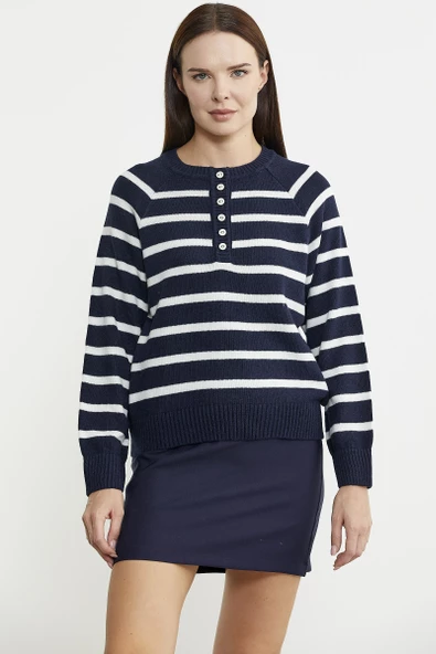 Yaka Düğmeli Çizgili Yünlü Triko Kazak - Lacivert - Resim 2
