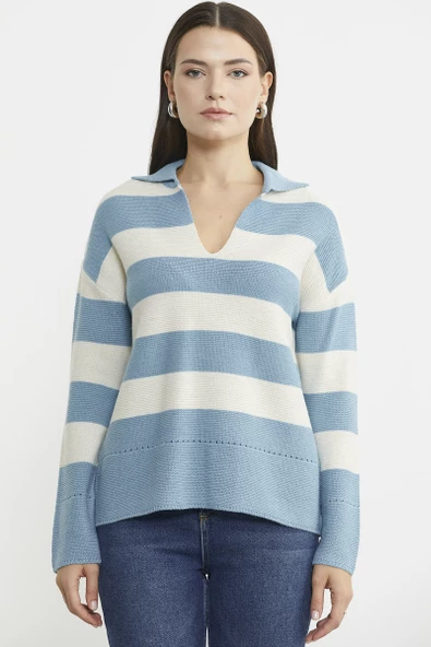 Açık Polo Yaka Çizgili Yünlü Triko Kazak - Mavi - 2