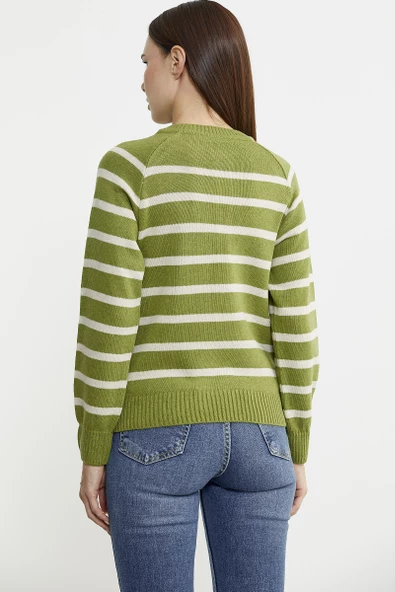 Yaka Düğmeli Çizgili Yünlü Triko Kazak - Yeşil - 5