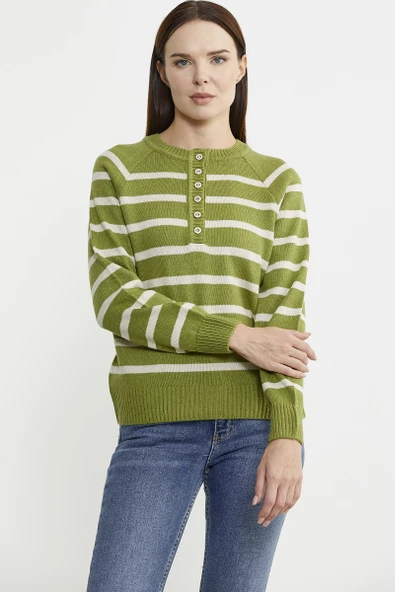 Yaka Düğmeli Çizgili Yünlü Triko Kazak - Yeşil