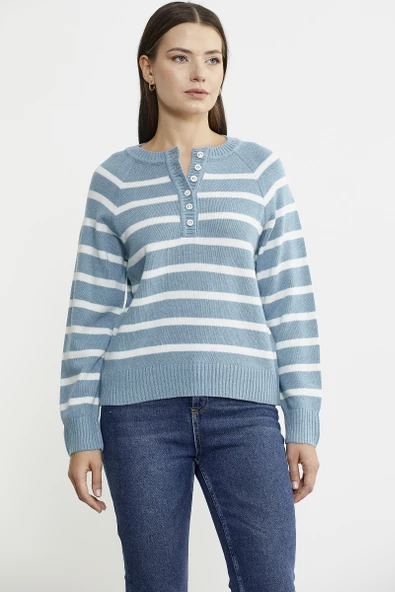 Yaka Düğmeli Çizgili Yünlü Triko Kazak - Mavi - Resim 2