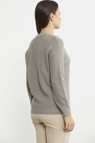 Sıfır Yaka Regular Fit Yünlü Triko Kazak - Vizon - Resim 6