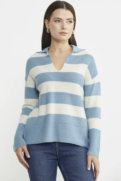 Açık Polo Yaka Çizgili Yünlü Triko Kazak - Mavi - 3