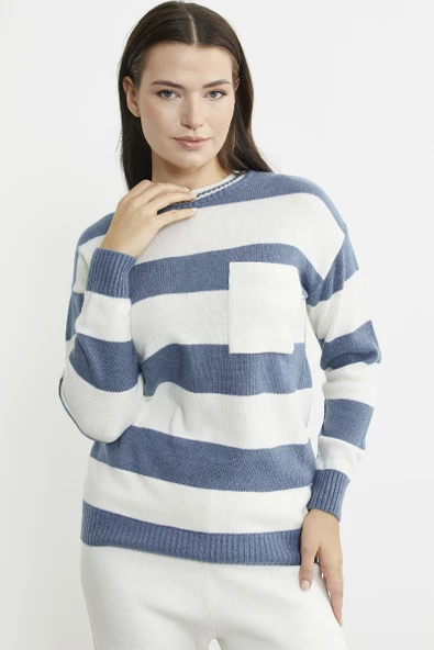 Cep Detaylı Çizgili Yünlü Triko Kazak - Mavi - Resim 3