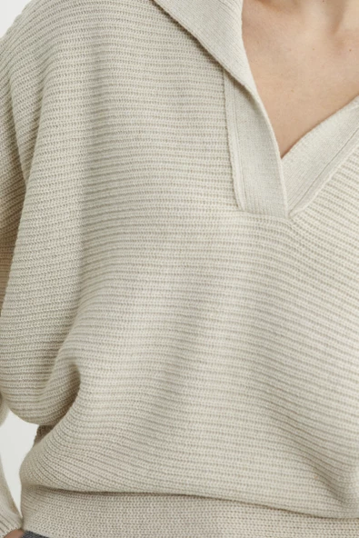 Yarasa Kol Polo Yaka Yünlü Triko Kazak - Taş - Resim 5