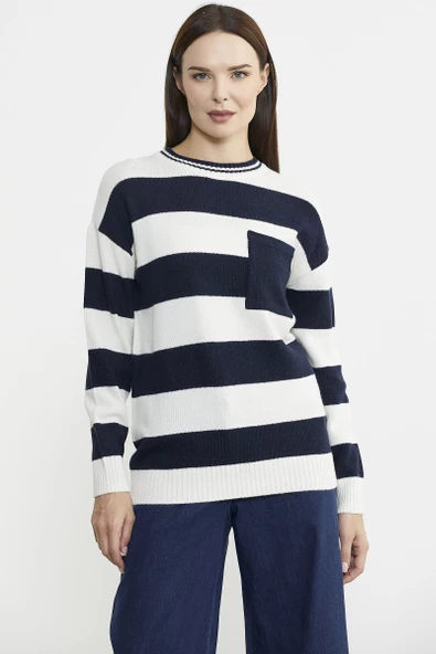 Cep Detaylı Çizgili Yünlü Triko Kazak - Kemik - Resim 3