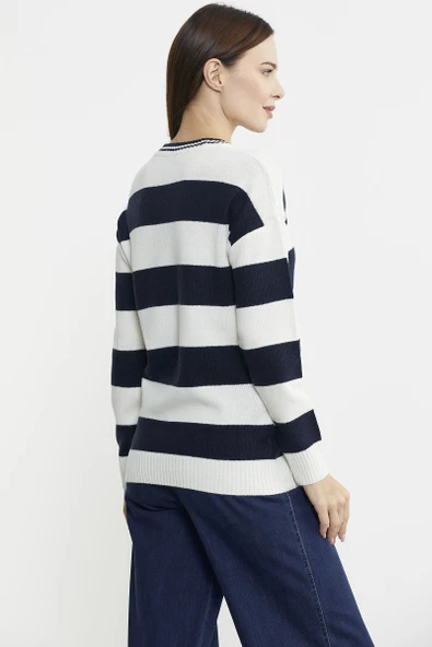 Cep Detaylı Çizgili Yünlü Triko Kazak - Kemik - Resim 4