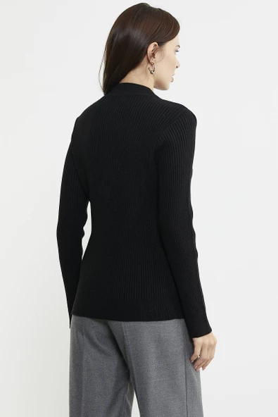 Dik Yaka Motifli Triko Kazak - Siyah - 5