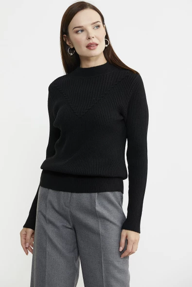 Dik Yaka Motifli Triko Kazak - Siyah - 4