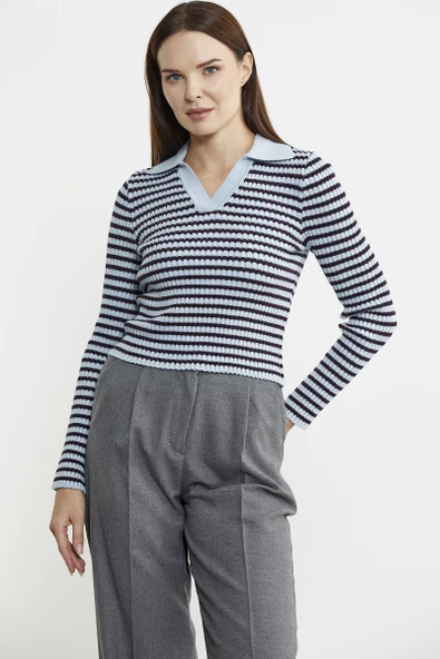 Polo Yaka Çizgili Viskon Triko Kazak - Mavi - Resim 2