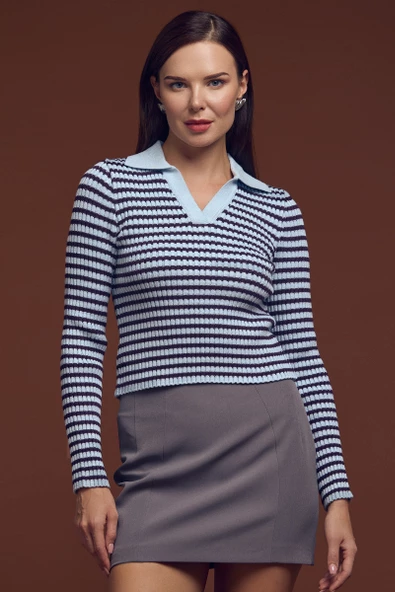 Polo Yaka Çizgili Viskon Triko Kazak - Mavi ürün görseli