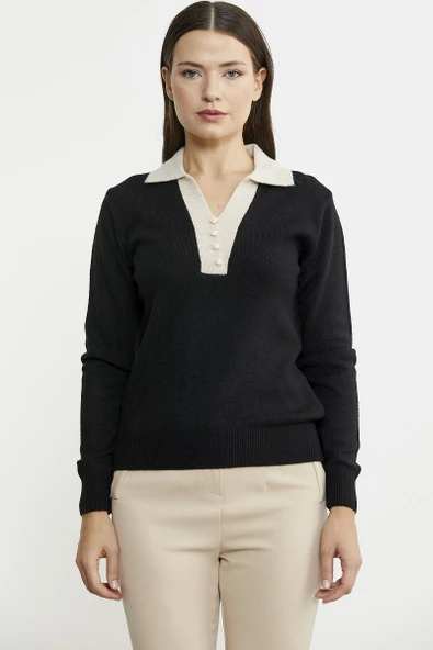 Polo Yaka Renk Kombinli Triko Kazak - Siyah ürün görseli