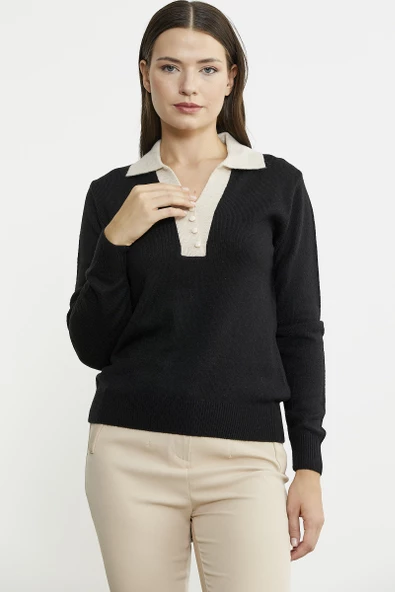 Polo Yaka Renk Kombinli Triko Kazak - Siyah - Resim 4