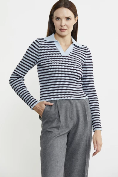 Polo Yaka Çizgili Viskon Triko Kazak - Mavi - Resim 3