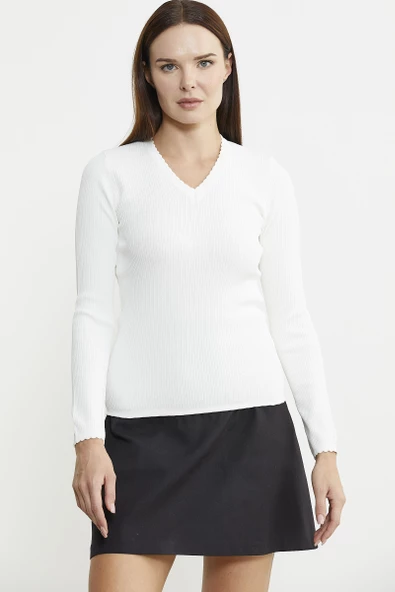 Fitilli V Yaka Basic Triko Kazak - Kemik - Resim 2