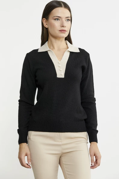 Polo Yaka Renk Kombinli Triko Kazak - Siyah - Resim 2