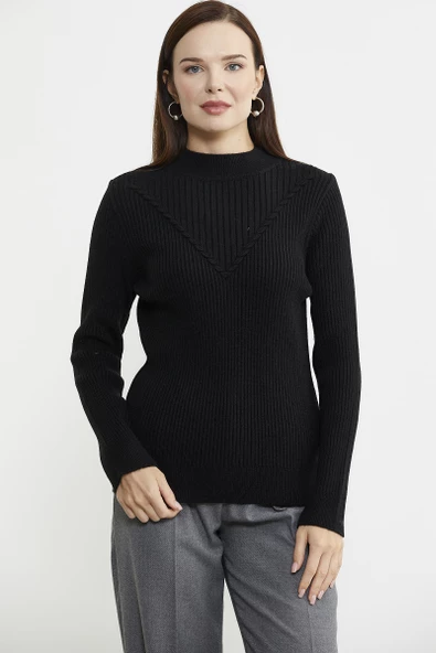 Dik Yaka Motifli Triko Kazak - Siyah - 3