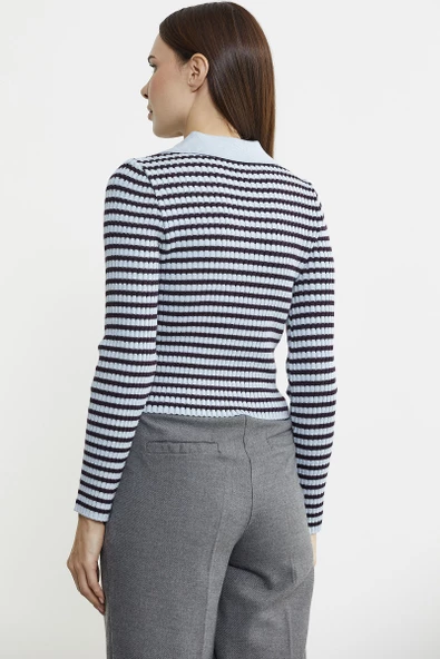 Polo Yaka Çizgili Viskon Triko Kazak - Mavi - Resim 6