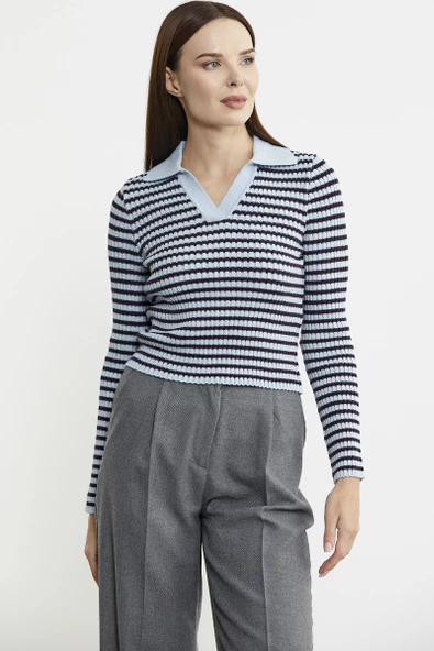 Polo Yaka Çizgili Viskon Triko Kazak - Mavi - Resim 4