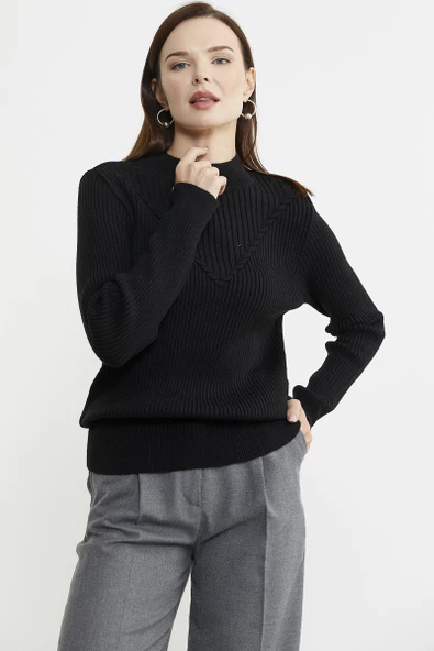 Dik Yaka Motifli Triko Kazak - Siyah - 2