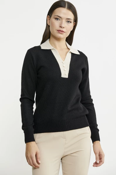 Polo Yaka Renk Kombinli Triko Kazak - Siyah - Resim 3