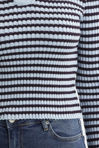 Polo Yaka Çizgili Viskon Triko Kazak - Mavi - Resim 5
