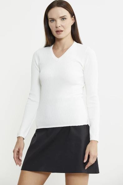 Fitilli V Yaka Basic Triko Kazak - Kemik - Resim 3